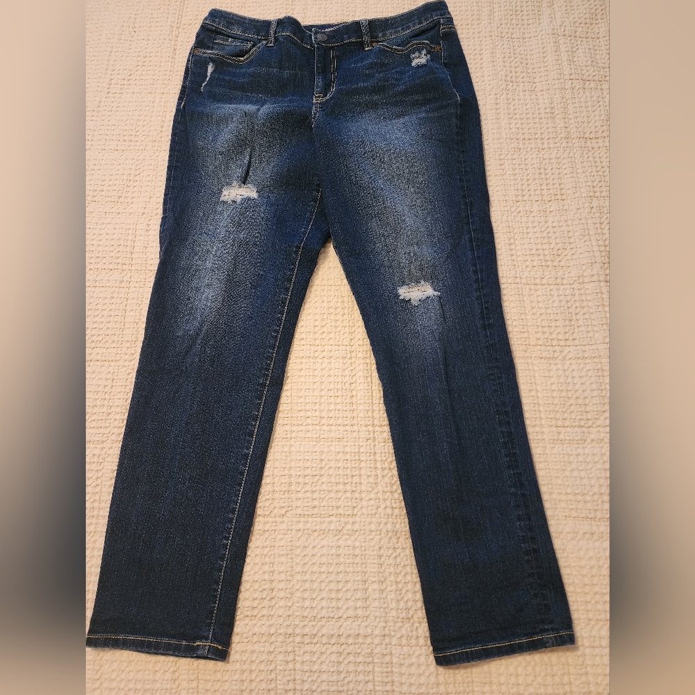 Women's Bandolino Karyn Boyfriend Dark Wash Distressed Blue Jeans Sz 12 Stretchy